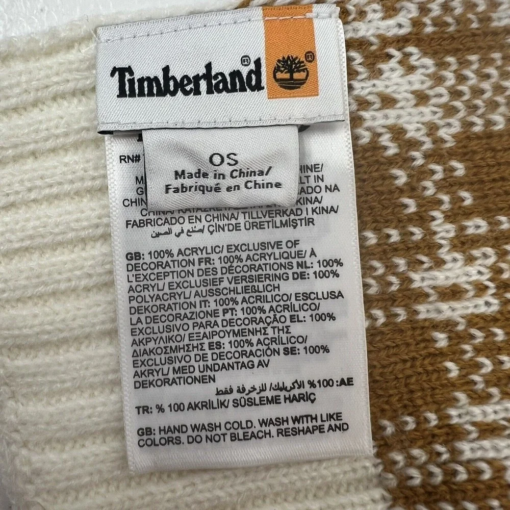 Timberland Scarf Knit Plaid Tan White Acrylic Winter Outdoor Logo Patch Street